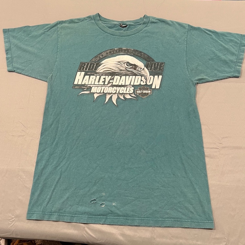 Harley Davidson  Eagle Graphic Tee Distressed Teal Green